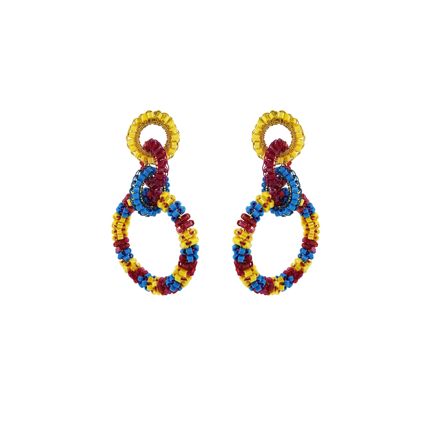 Interlock-Links-Blue-Yellow-Fuchsia-Gold-Lexie-Chandelier-Handmade-Crochet-Earrings-18k-gold-filled-wire-hypoallergenic-lightweight-statement-brazilian-soul-collection