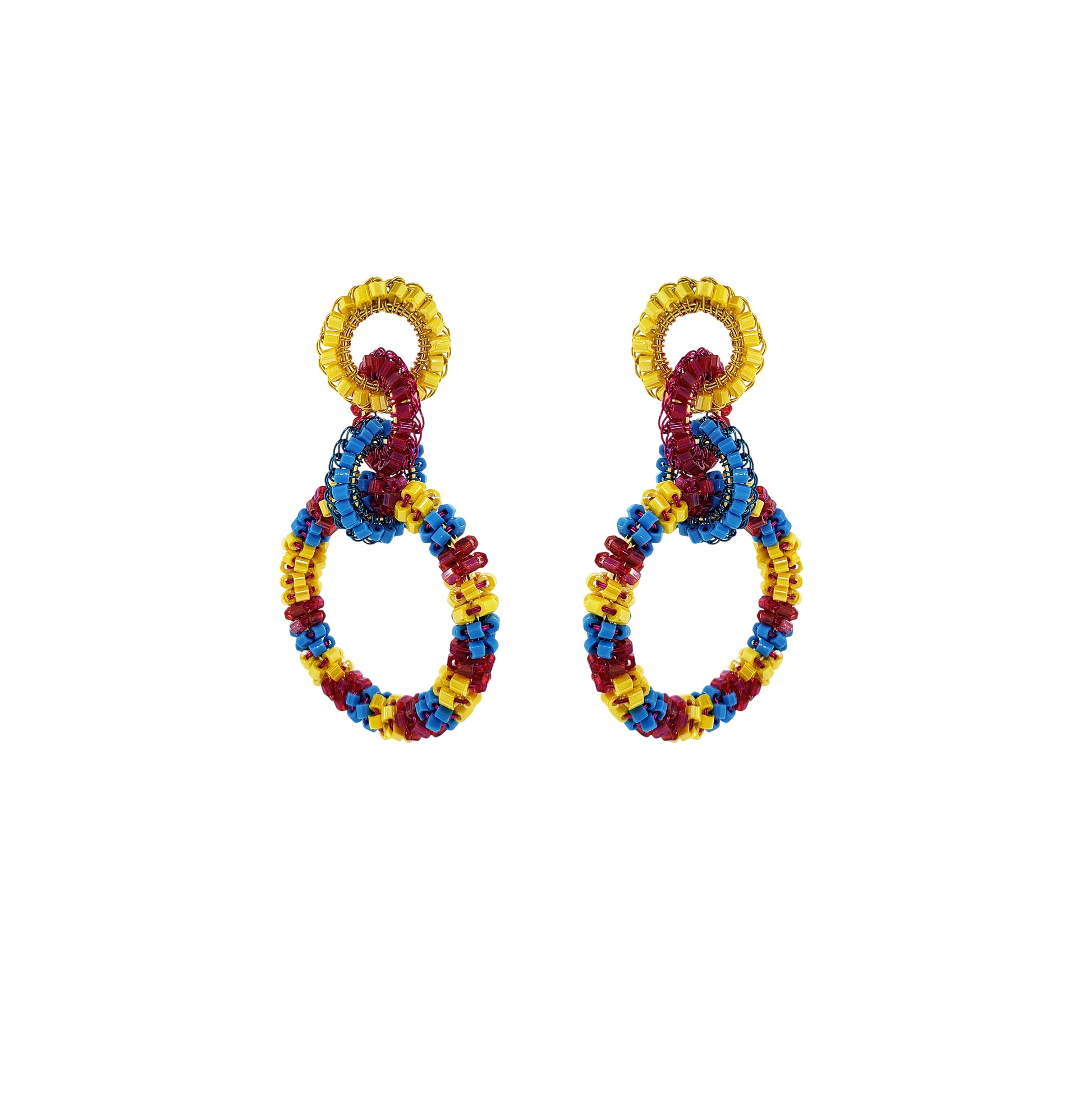 Interlock-Links-Blue-Yellow-Fuchsia-Gold-Lexie-Chandelier-Handmade-Crochet-Earrings-18k-gold-filled-wire-hypoallergenic-lightweight-statement-brazilian-soul-collection