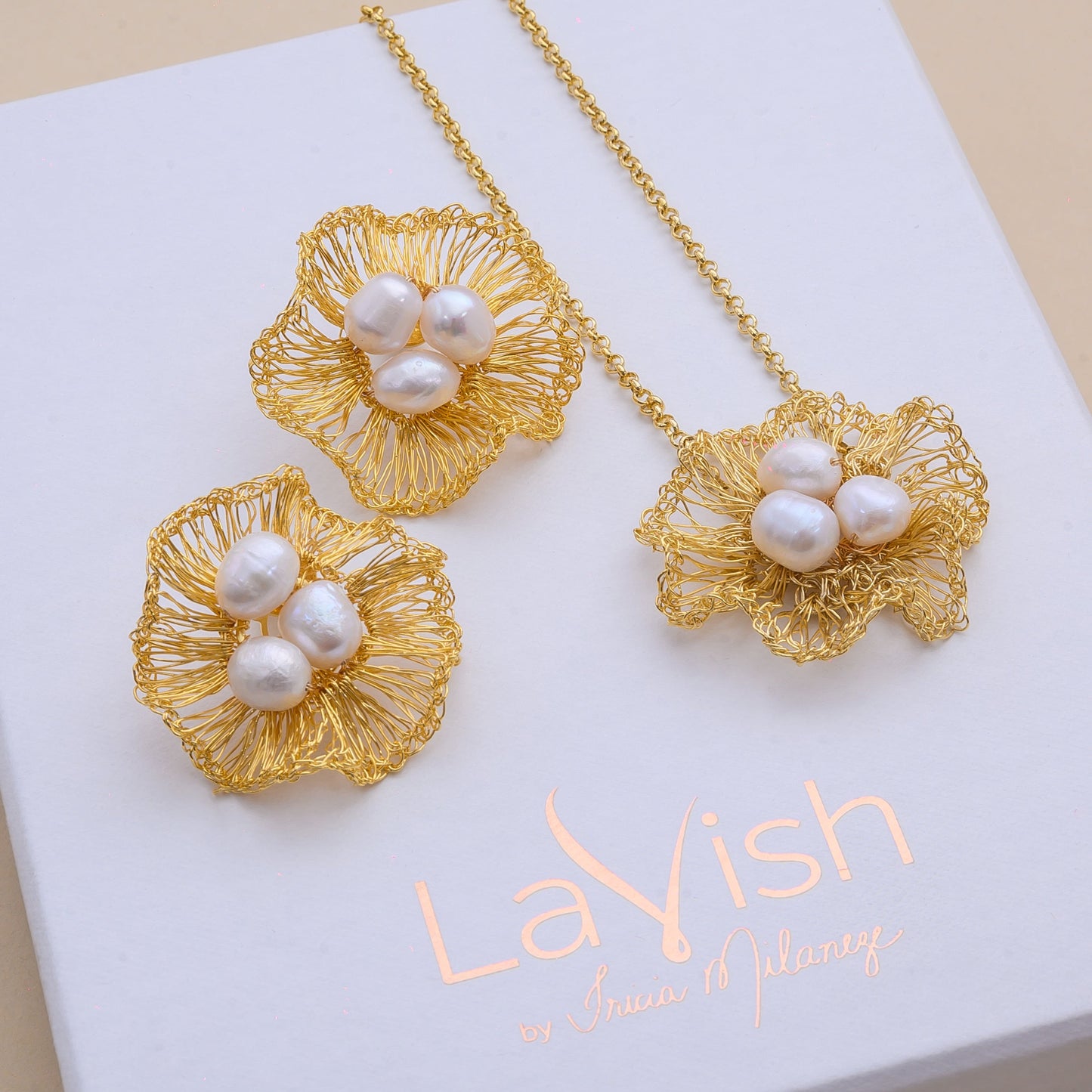 Pearl & Gold Nyla Maxi Post Handmade Crochet Earrings