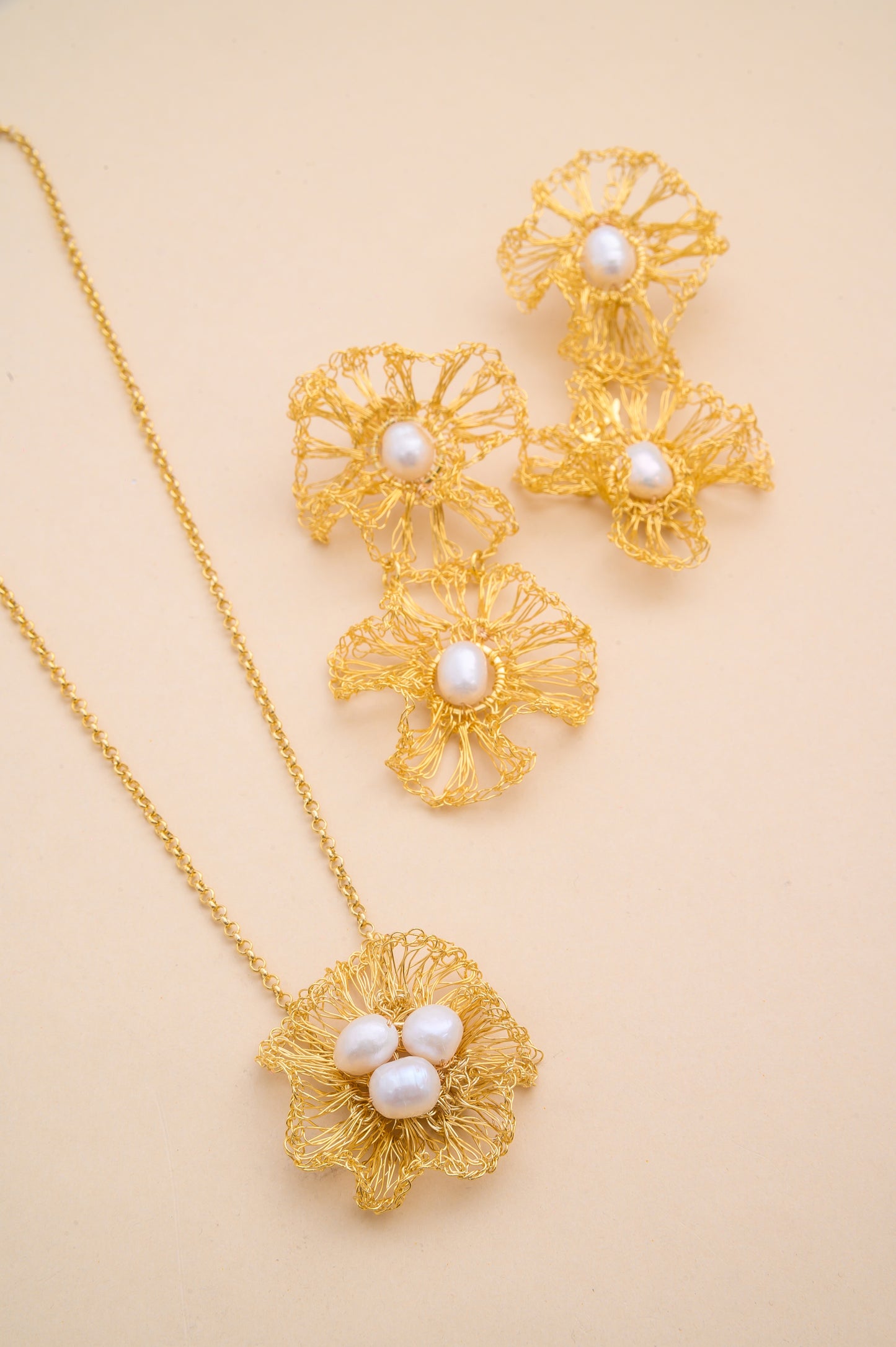 Pearl & Gold Nyla Duo Handmade Crochet Earrings