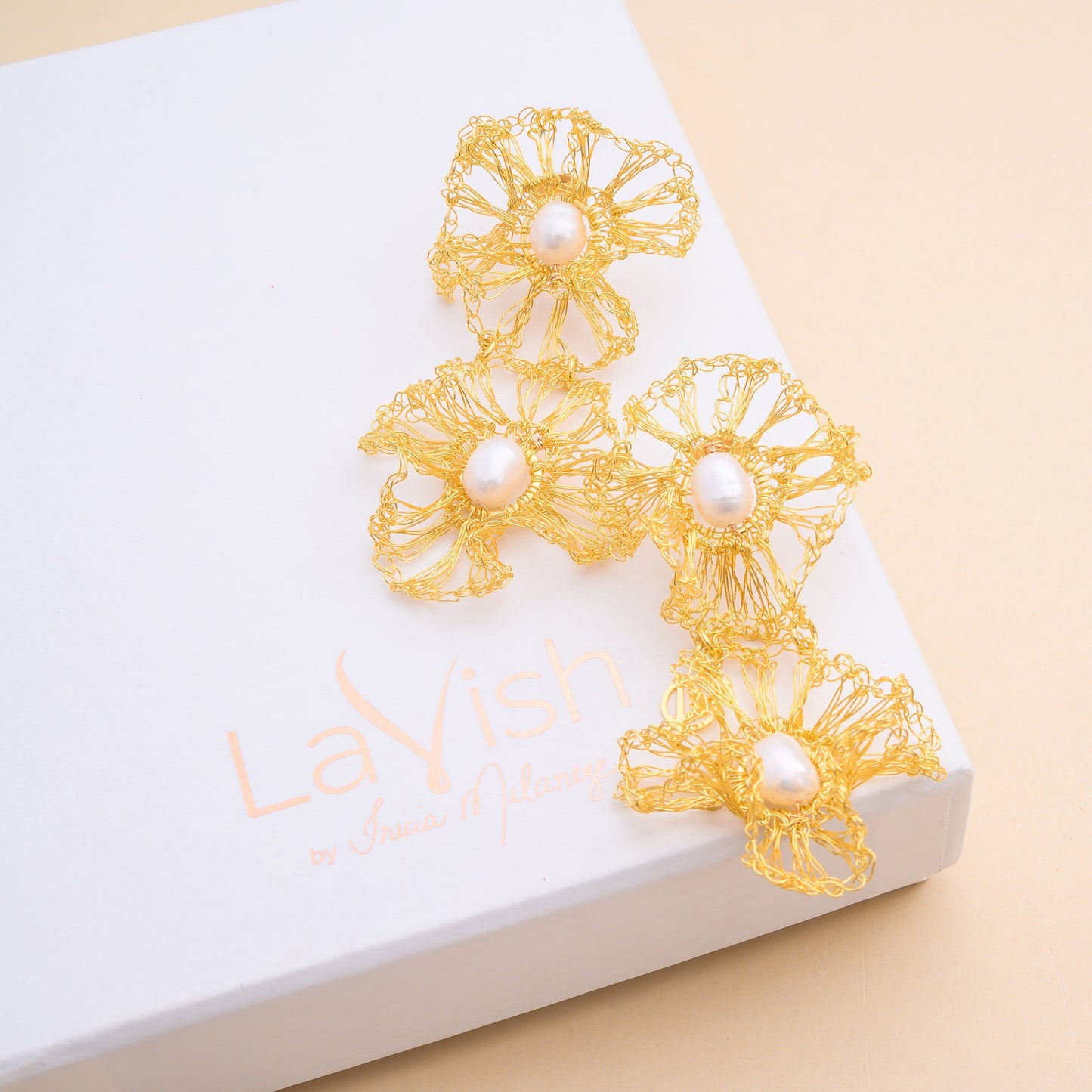 Pearl & Gold Nyla Duo Handmade Crochet Earrings