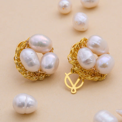 Pearl & Gold Nyla Mini Post Handmade Crochet Earrings