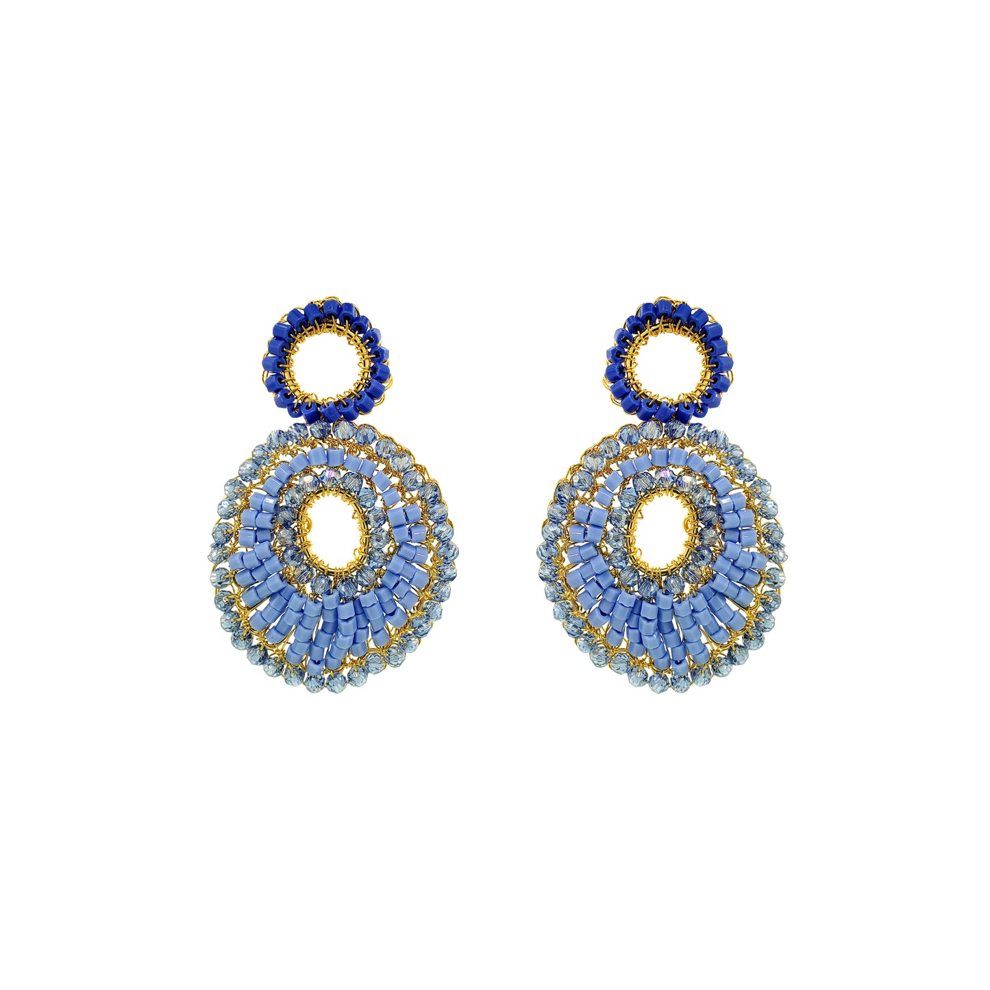 Mandala-Blue-Gold-Ellen-Handmade-Crochet-Earrings-18k-gold-filled-wire-hypoallergenic-lightweight-statement-soul-collection