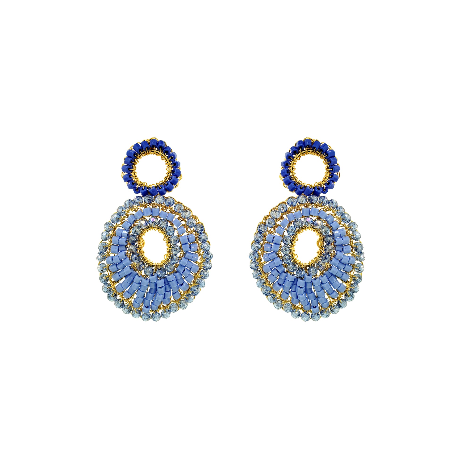 Mandala-Blue-Gold-Ellen-Handmade-Crochet-Earrings-18k-gold-filled-wire-hypoallergenic-lightweight-statement-soul-collection