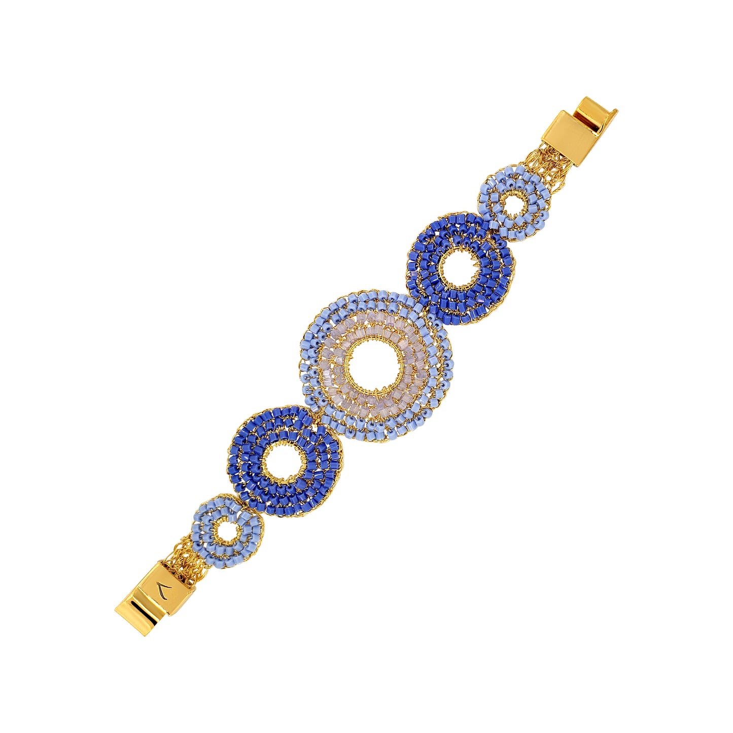 Mandala-Blue-Gold-Gia-Handmade-Crochet-bracelet18k-gold-filled-wire-hypoallergenic-lightweight-statement-soul-collection