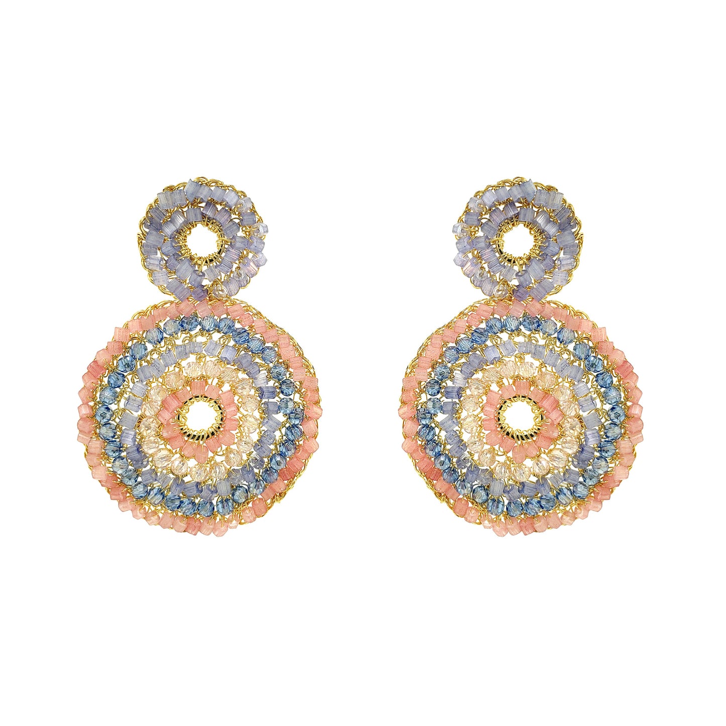 Mandala-Blue-Pink-Gold-Gia-Duo-Handmade-Crochet-Earrings-18k-gold-filled-wire-hypoallergenic-lightweight-statement-soul-collection