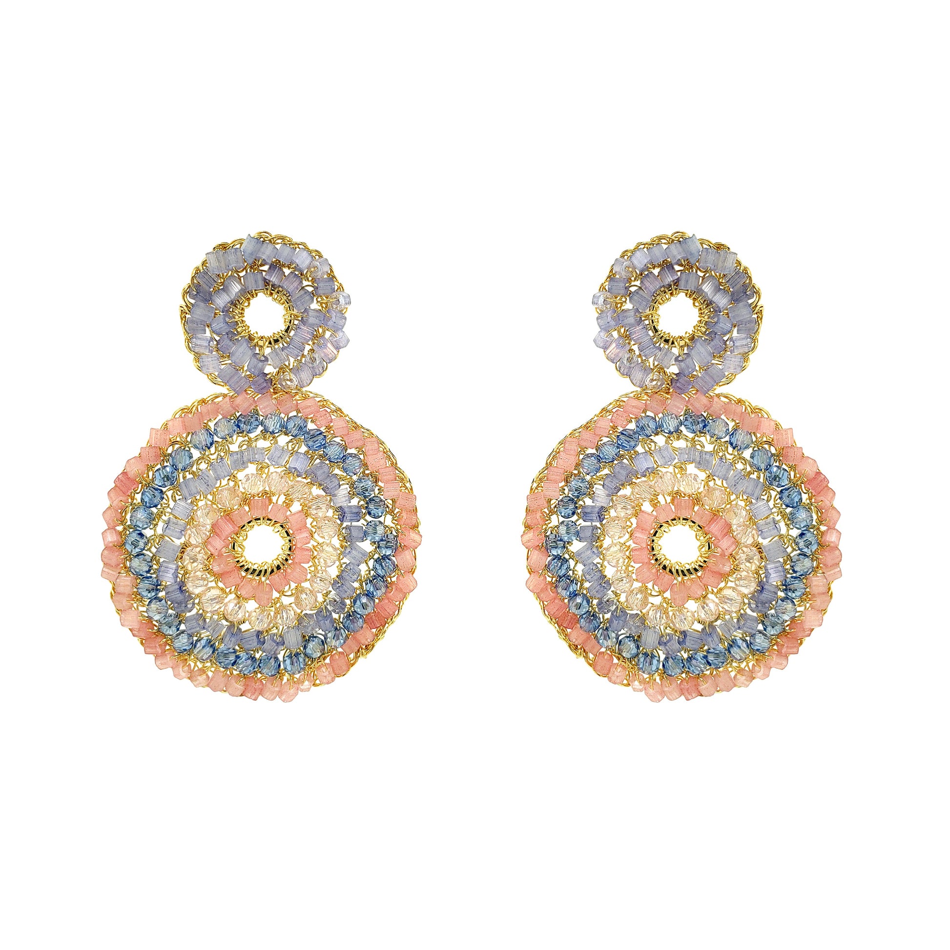 Mandala-Blue-Pink-Gold-Gia-Duo-Handmade-Crochet-Earrings-18k-gold-filled-wire-hypoallergenic-lightweight-statement-soul-collection