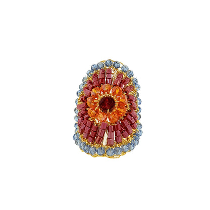 Mandala-Blue-Red-Orange-Gold-Aura-Handmade-Crochet-Ring-18k-gold-filled-wire-hypoallergenic-lightweight-statement-soul-collection-front