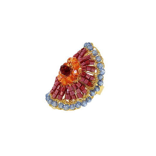 Mandala-Blue-Red-Orange-Gold-Aura-Handmade-Crochet-Ring-18k-gold-filled-wire-hypoallergenic-lightweight-statement-soul-collection