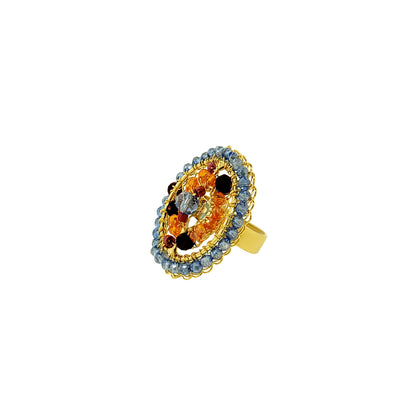 Mandala-Blue-Red-Orange-Gold-Chronos-Handmade-Crochet-Ring-18k-gold-filled-wire-hypoallergenic-lightweight-statement-soul-collection
