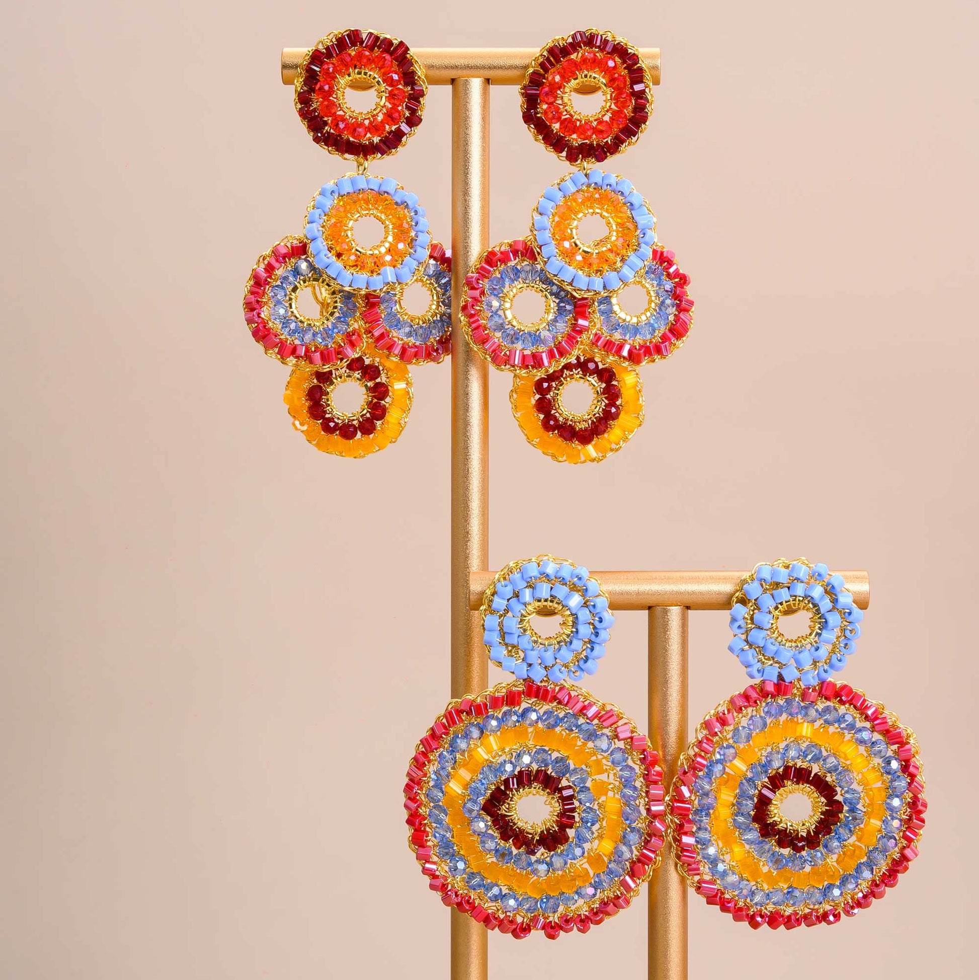 Mandala-Blue-Red-Orange-Gold-Gia-Duo-Handmade-Crochet-Earrings-18k-gold-filled-wire-hypoallergenic-lightweight-statement-soul-collection-set