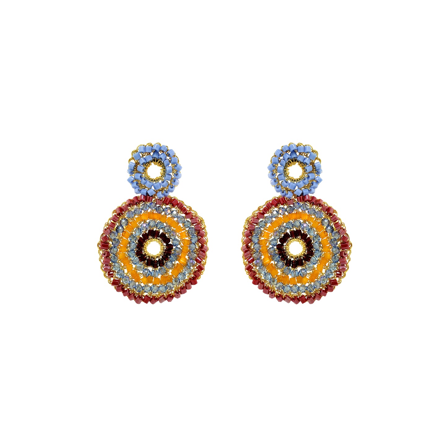 Mandala-Blue-Red-Orange-Gold-Gia-Duo-Handmade-Crochet-Earrings-18k-gold-filled-wire-hypoallergenic-lightweight-statement-soul-collection