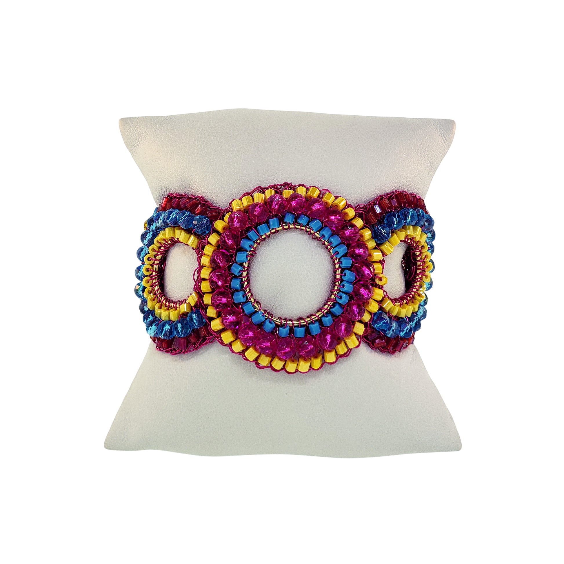 Mandala-Blue-Yellow-Fuchsia-Gold-Gush-Cascade-Handmade-Crochet-Bracelet-detail-18k-gold-filled-wire-hypoallergenic-lightweight-statement-brazilian-soul-collection
