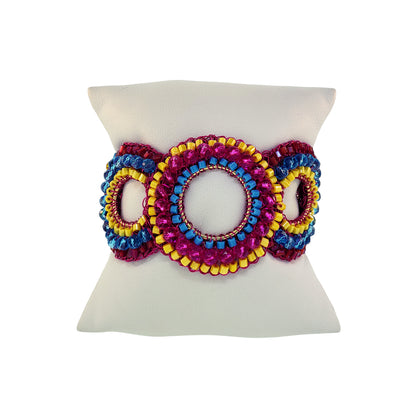 Mandala-Blue-Yellow-Fuchsia-Gold-Gush-Cascade-Handmade-Crochet-Bracelet-detail-18k-gold-filled-wire-hypoallergenic-lightweight-statement-brazilian-soul-collection
