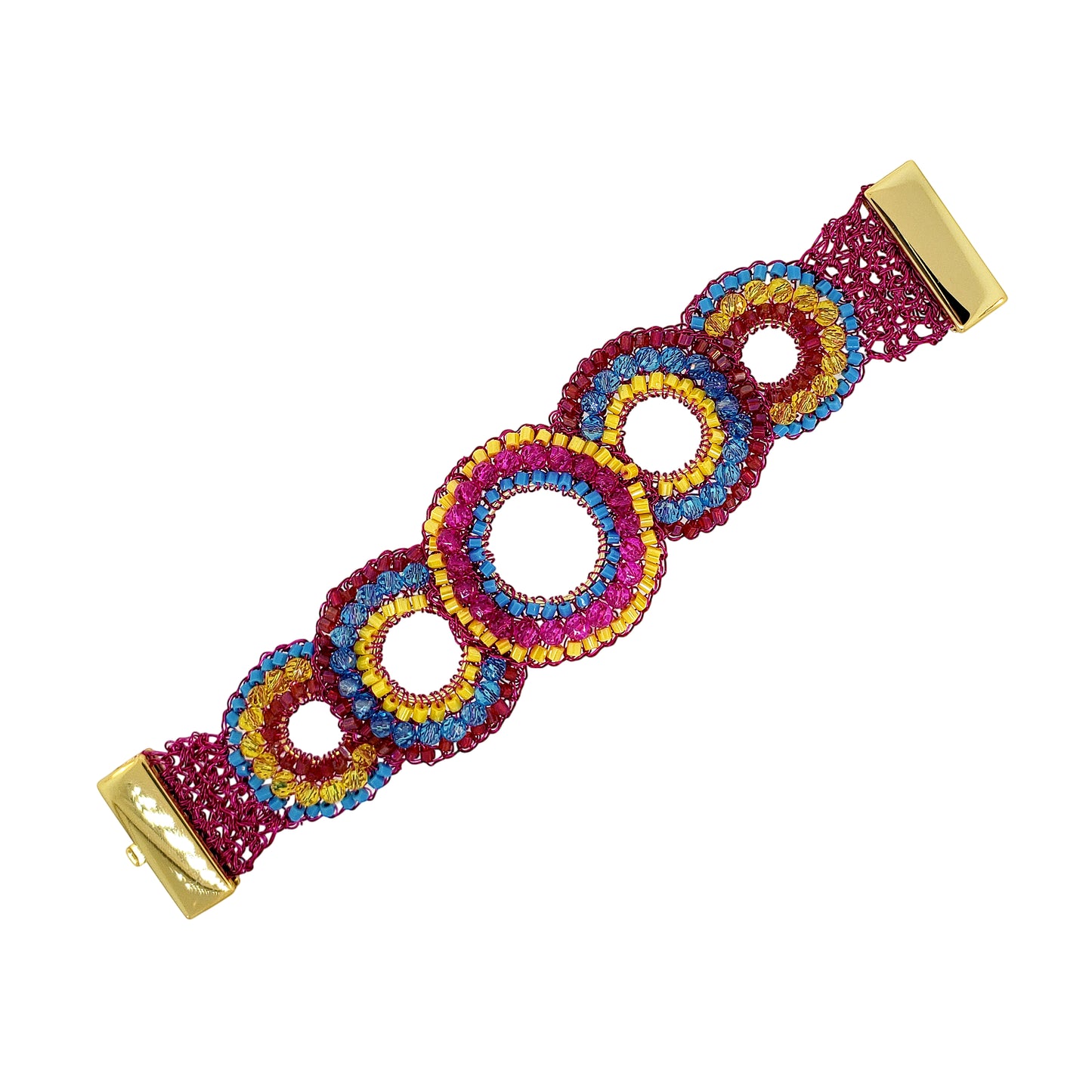 Mandala-Blue-Yellow-Fuchsia-Gold-Gush-Cascade-Handmade-Crochet-Bracelet-18k-gold-filled-wire-hypoallergenic-lightweight-statement-brazilian-soul-collection