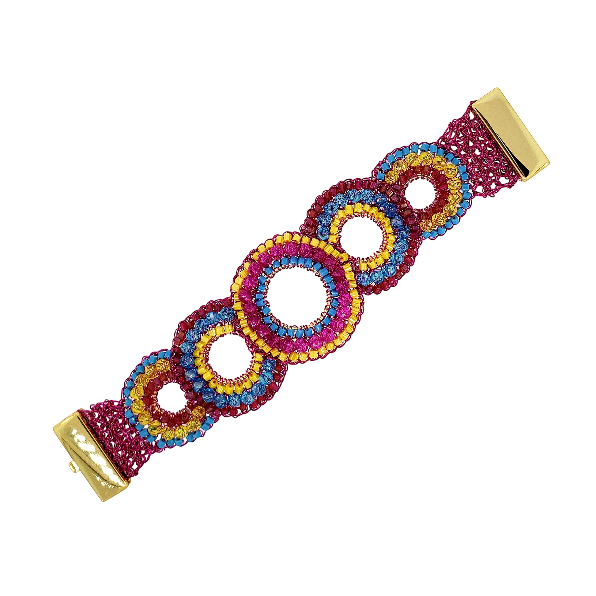 Mandala-Blue-Yellow-Fuchsia-Gold-Gush-Cascade-Handmade-Crochet-Bracelet-18k-gold-filled-wire-hypoallergenic-lightweight-statement-brazilian-soul-collection