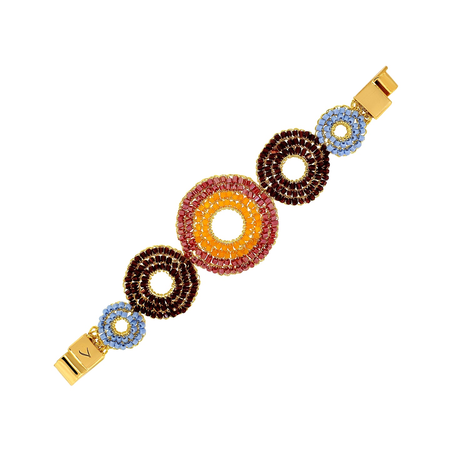 Mandala-Blue-red-orange-Gold-Gia-Handmade-Crochet-bracelet18k-gold-filled-wire-hypoallergenic-lightweight-statement-soul-collection