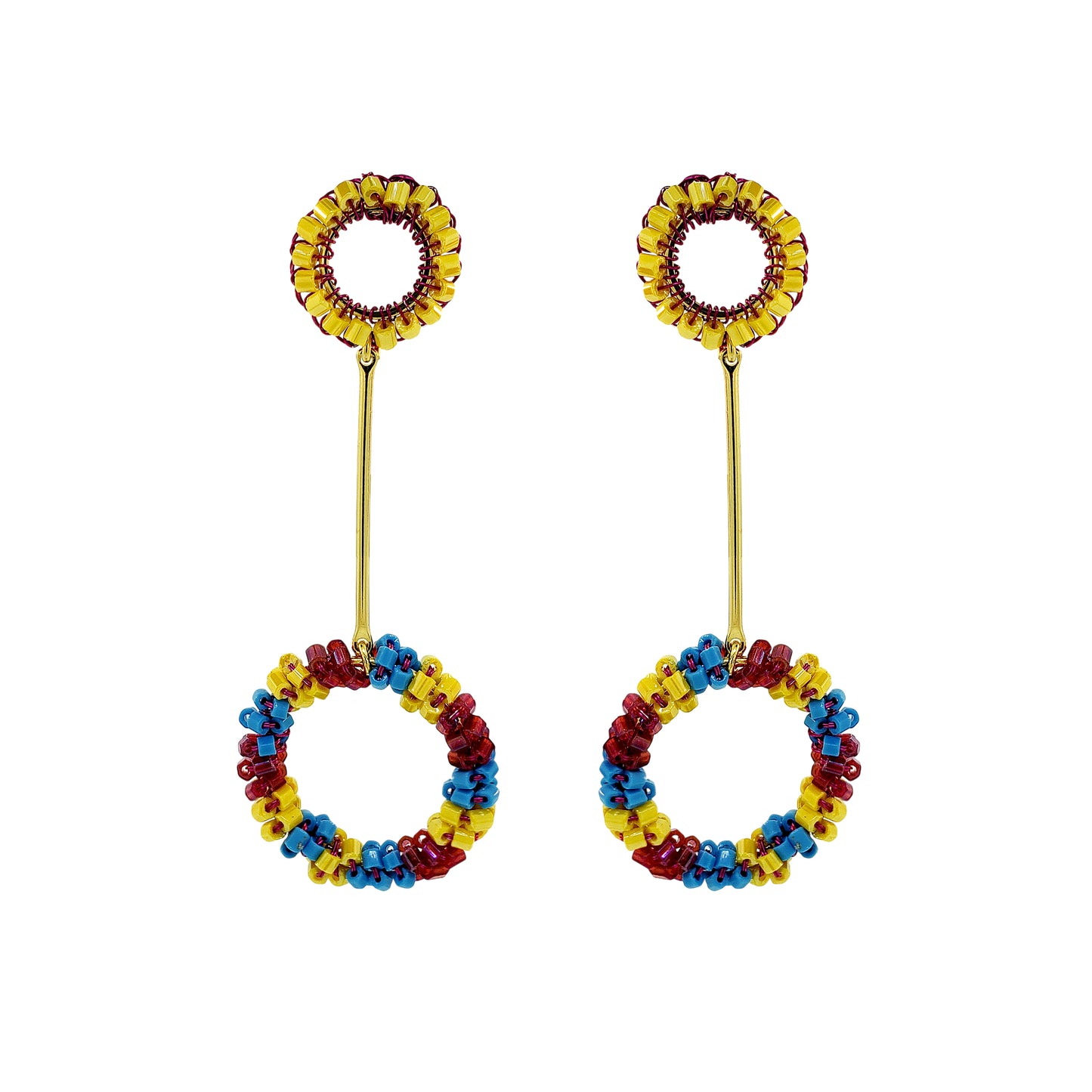 Mandala-Dangle-Blue-Yellow-Fuchsia-Gold-Bowie-Handmade-Crochet-Earrings-18k-gold-filled-wire-hypoallergenic-lightweight-statement-brazilian-soul-collection