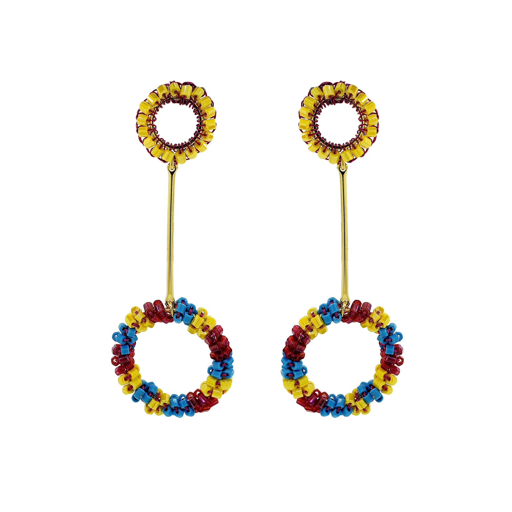 Mandala-Dangle-Blue-Yellow-Fuchsia-Gold-Bowie-Handmade-Crochet-Earrings-18k-gold-filled-wire-hypoallergenic-lightweight-statement-brazilian-soul-collection