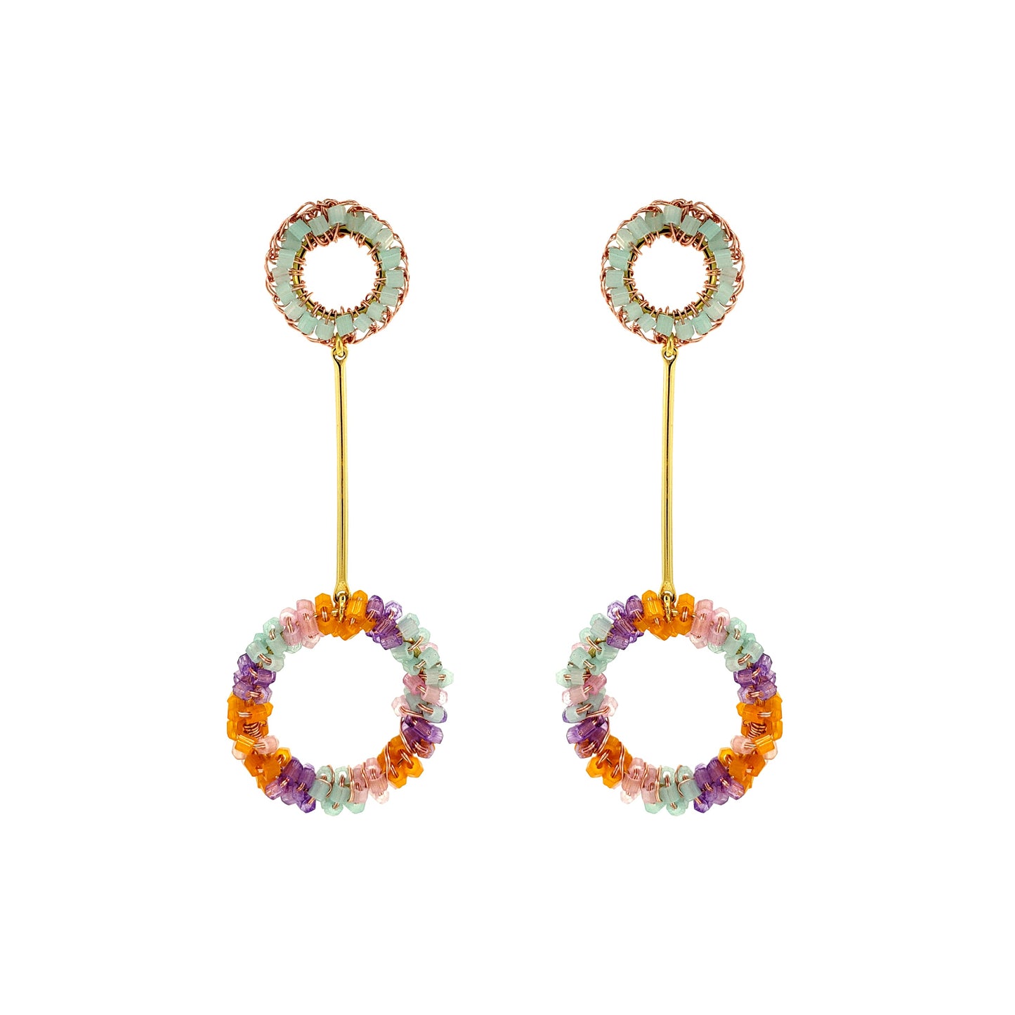 Mandala-Dangle-Green-Pink-Purple-Orange-Gold-Bowie-Handmade-Crochet-Earrings-18k-gold-filled-wire-hypoallergenic-lightweight-statement-brazilian-soul-collection