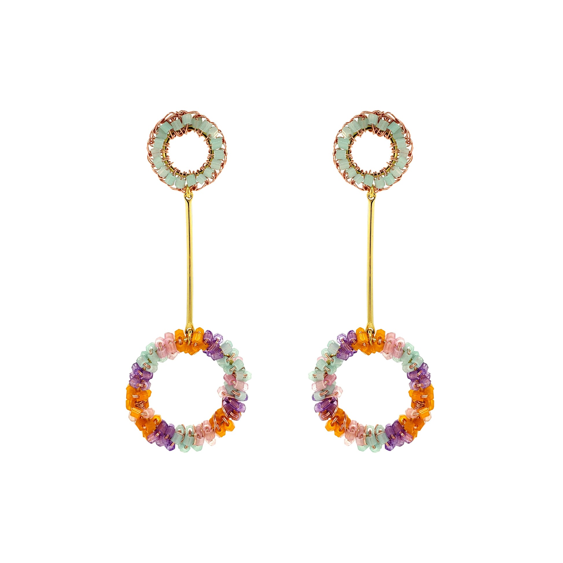 Mandala-Dangle-Green-Pink-Purple-Orange-Gold-Bowie-Handmade-Crochet-Earrings-18k-gold-filled-wire-hypoallergenic-lightweight-statement-brazilian-soul-collection