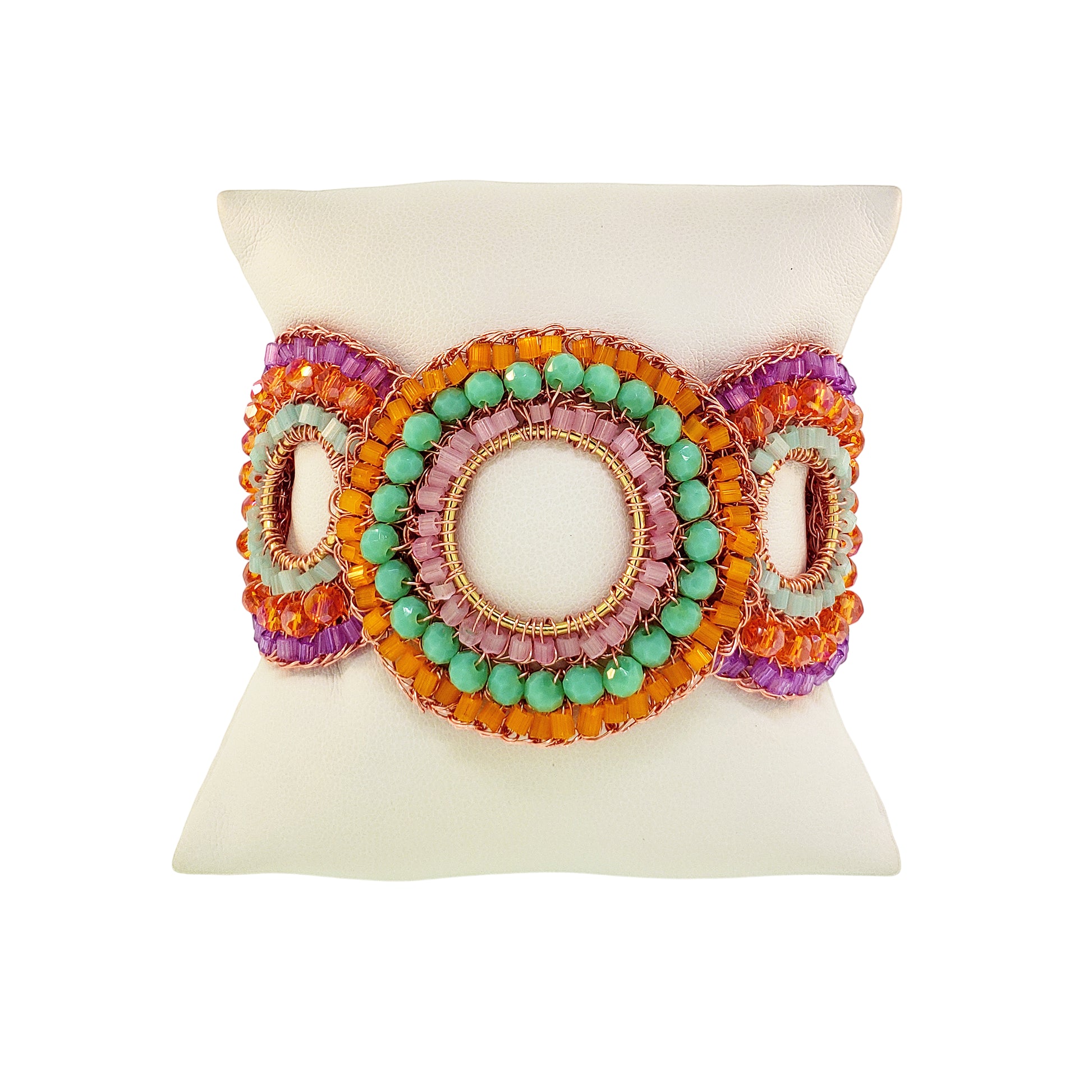 Mandala-Green-Pink-Purple-Orange-Gold-Gush-Cascade-Handmade-Crochet-Bracelet-detail-18k-gold-filled-wire-hypoallergenic-lightweight-statement-brazilian-soul-collection