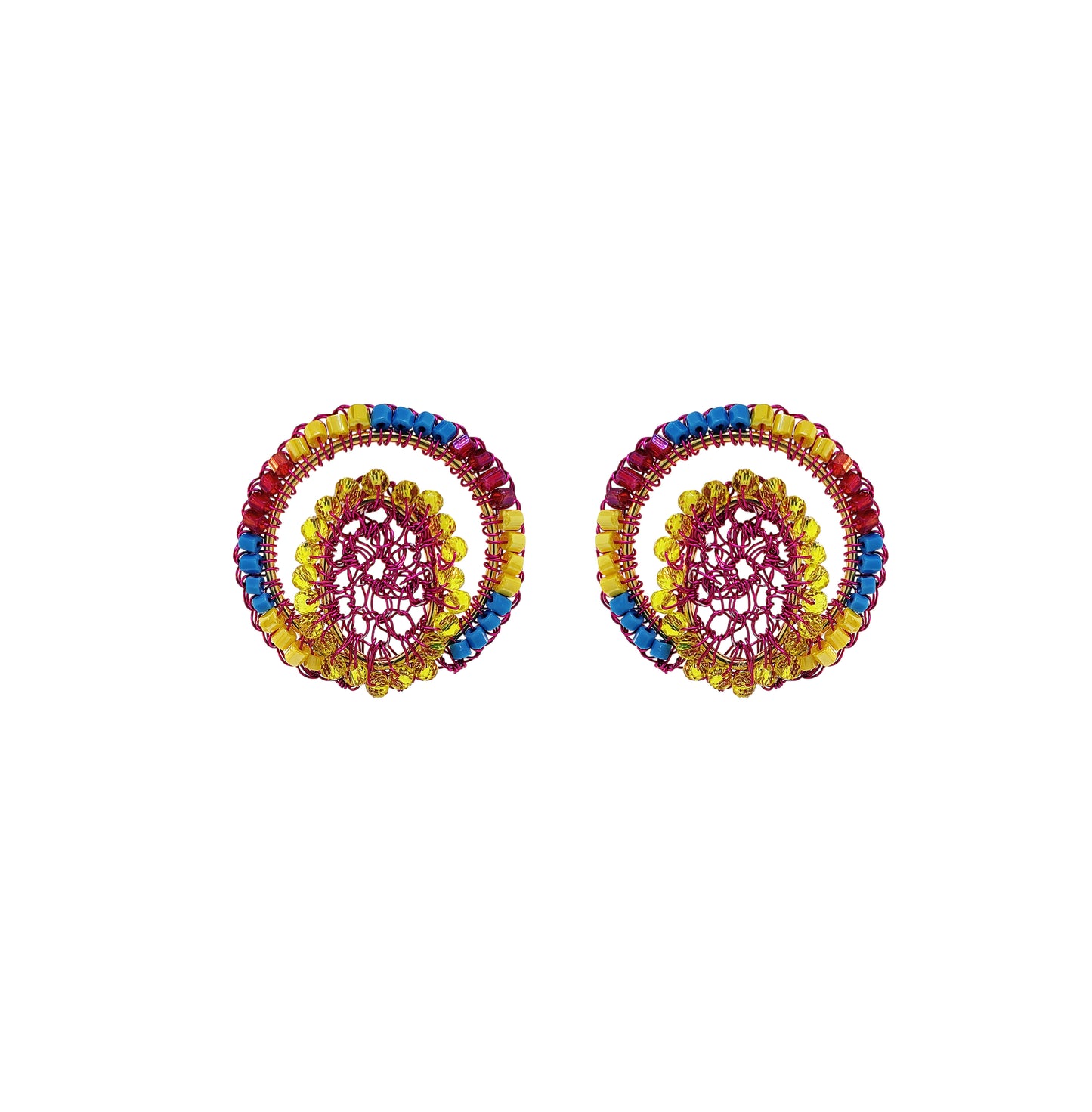 Maxi-Circle-Blue-Yellow-Fushcia-Mandy-Post-Handmade-Crochet-Earrings-18k-gold-filled-wire-hypoallergenic-lightweight-statement-brazilian-soul-collection