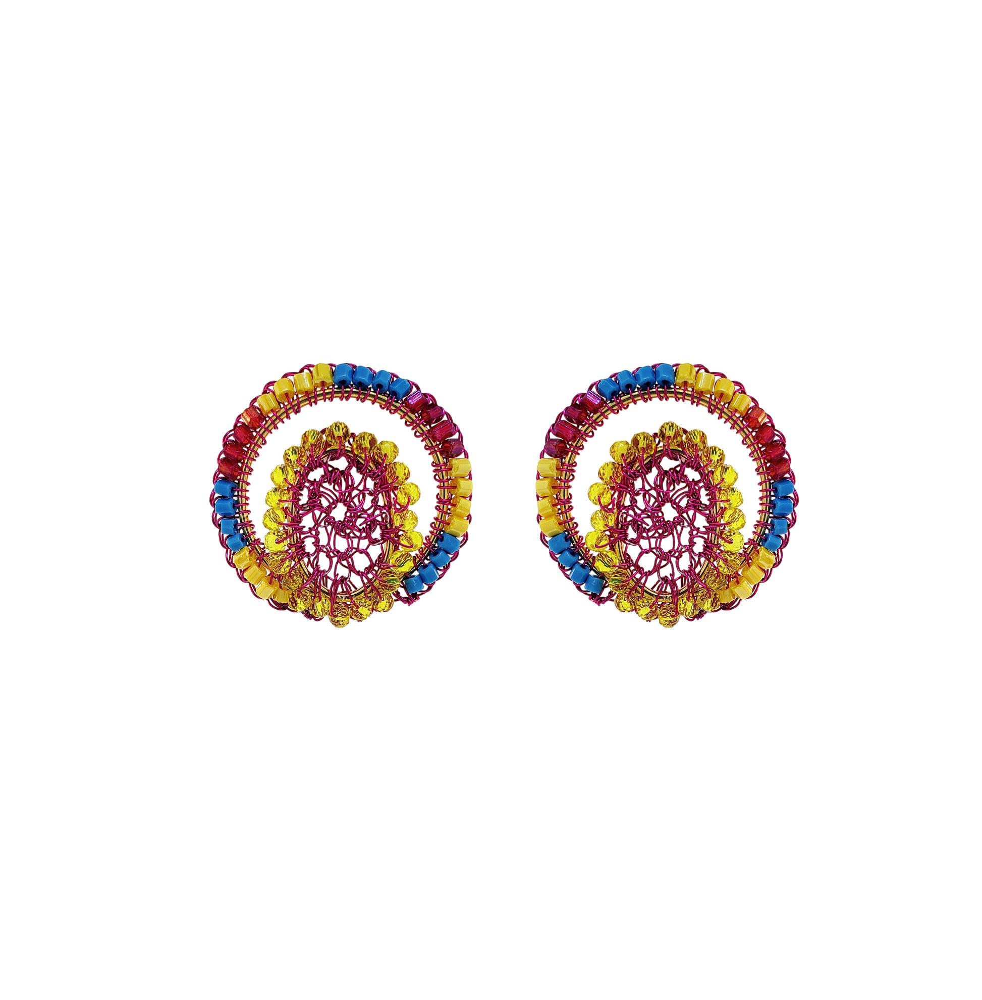 Maxi-Circle-Blue-Yellow-Fushcia-Mandy-Post-Handmade-Crochet-Earrings-18k-gold-filled-wire-hypoallergenic-lightweight-statement-brazilian-soul-collection