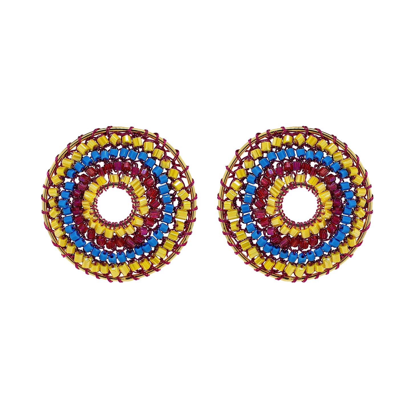 Maxi-Mandala-Blue-Yellow-Fuchsia-Gold-Gush-Post-Handmade-Crochet-Earrings-18k-gold-filled-wire-hypoallergenic-lightweight-statement-brazilian-soul-collection