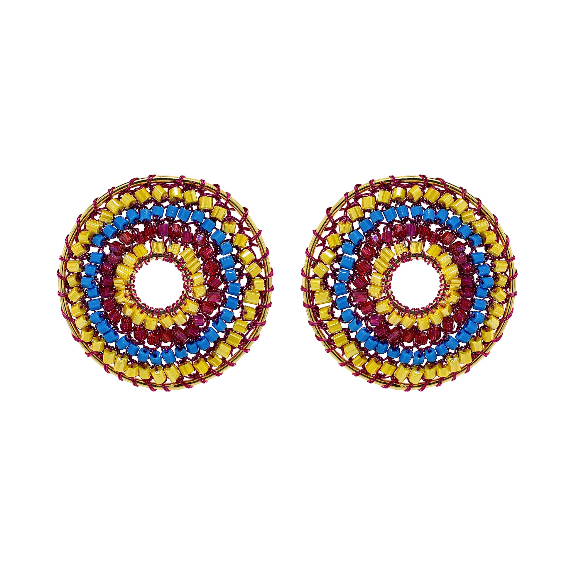 Maxi-Mandala-Blue-Yellow-Fuchsia-Gold-Gush-Post-Handmade-Crochet-Earrings-18k-gold-filled-wire-hypoallergenic-lightweight-statement-brazilian-soul-collection