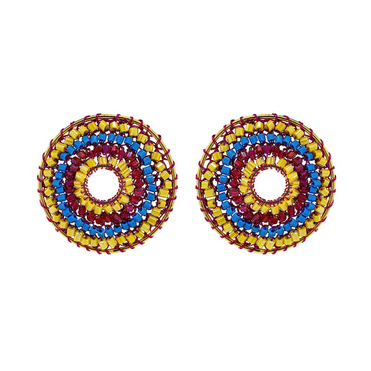 Maxi-Mandala-Blue-Yellow-Fuchsia-Gold-Gush-Post-Handmade-Crochet-Earrings-18k-gold-filled-wire-hypoallergenic-lightweight-statement-brazilian-soul-collection
