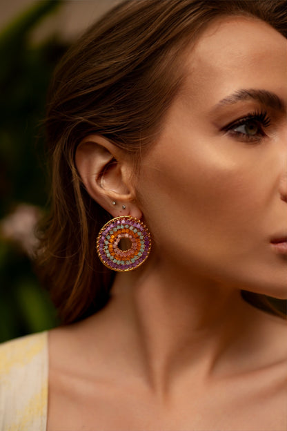 Maxi-Mandala-Green-Pink-Purple-Orange-Gold-Gush-Post-Handmade-Crochet-Earrings-Model-18k-gold-filled-wire-hypoallergenic-lightweight-statement-brazilian-soul-collection