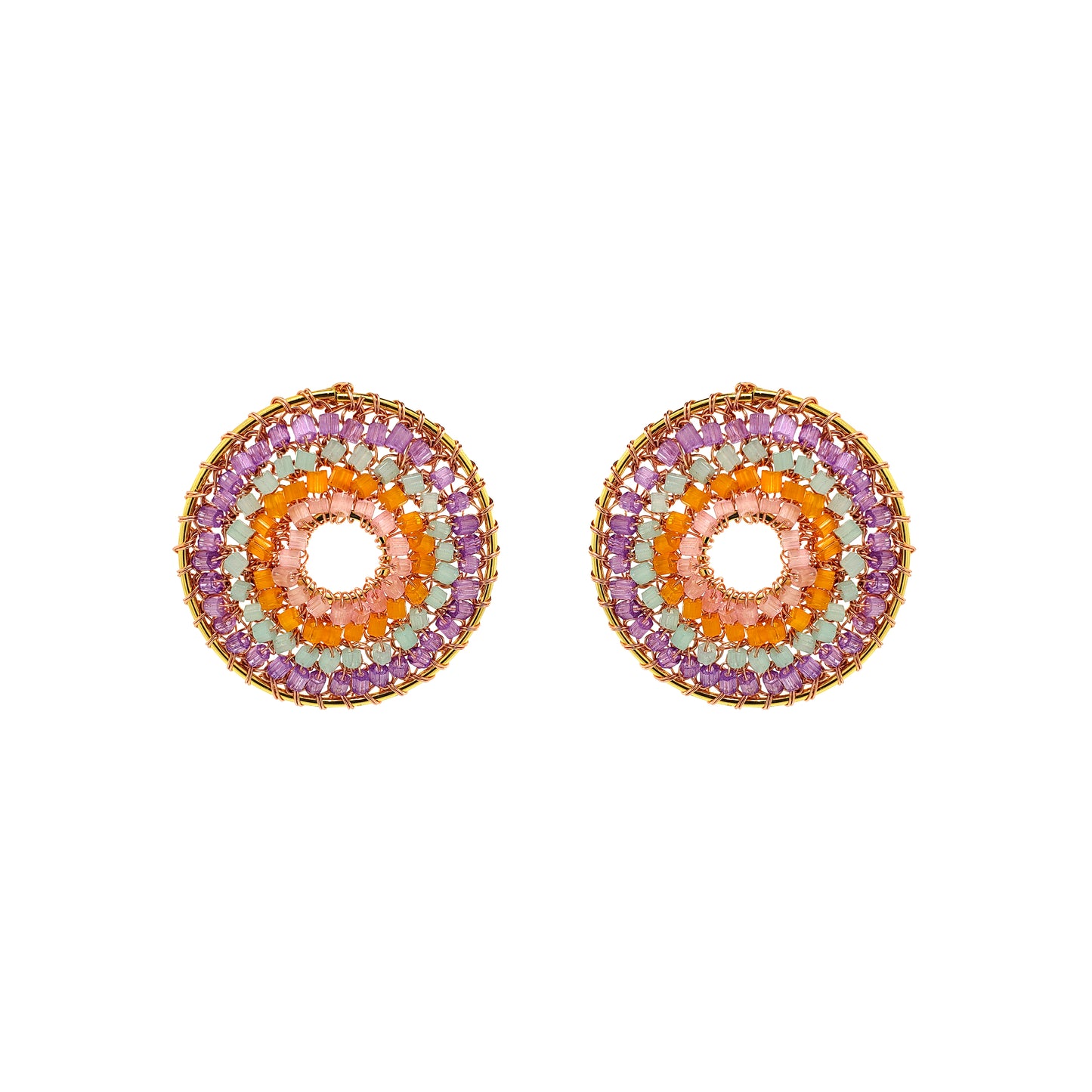 Maxi-Mandala-Green-Pink-Purple-Orange-Gold-Gush-Post-Handmade-Crochet-Earrings-18k-gold-filled-wire-hypoallergenic-lightweight-statement-brazilian-soul-collection
