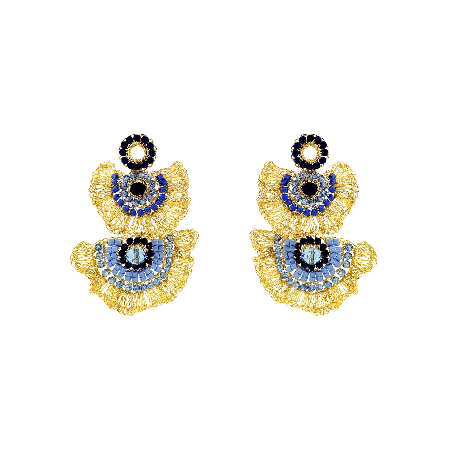Maxi-Ruffle-Blue-Gold-Lia-Chandelier-Dangle-Handmade-Crochet-Earrings-18k-gold-filled-wire-hypoallergenic-lightweight-statement-soul-collection