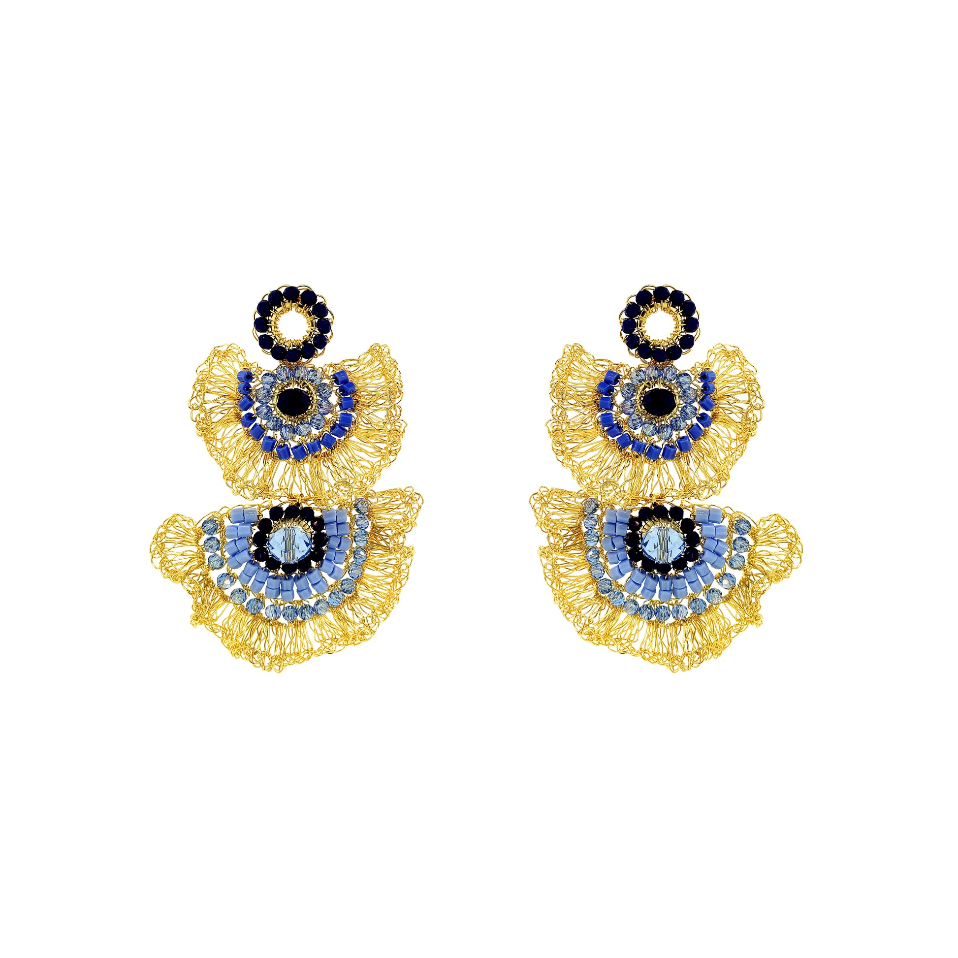 Maxi-Ruffle-Blue-Gold-Lia-Chandelier-Dangle-Handmade-Crochet-Earrings-18k-gold-filled-wire-hypoallergenic-lightweight-statement-soul-collection