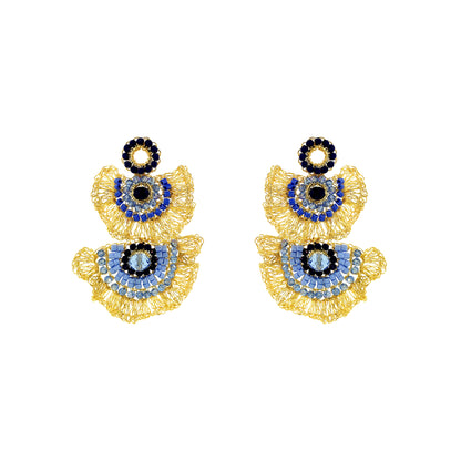 Maxi-Ruffle-Blue-Gold-Lia-Chandelier-Dangle-Handmade-Crochet-Earrings-18k-gold-filled-wire-hypoallergenic-lightweight-statement-soul-collection