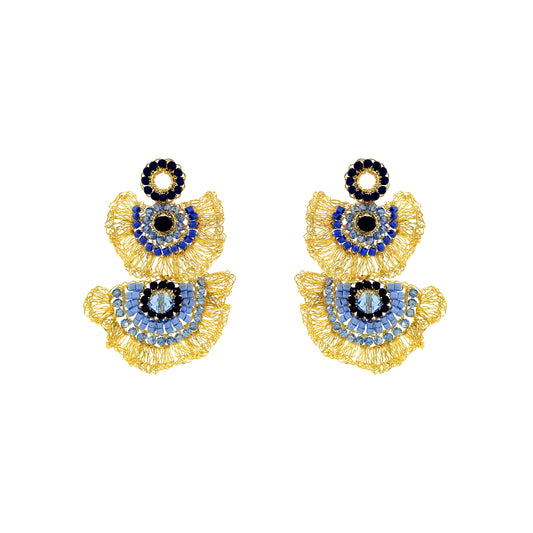 Maxi-Ruffle-Blue-Gold-Lia-Chandelier-Dangle-Handmade-Crochet-Earrings-18k-gold-filled-wire-hypoallergenic-lightweight-statement-soul-collection