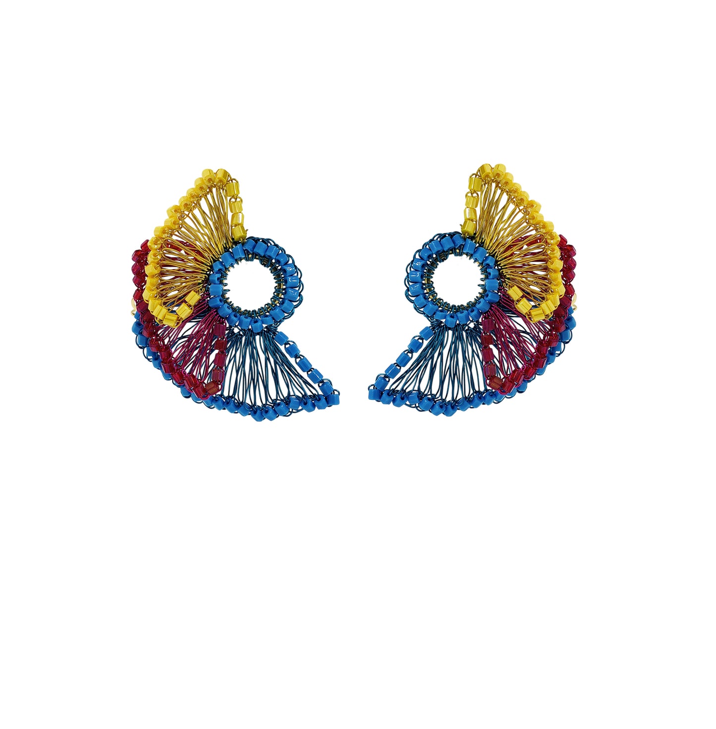 Maxi-Ruffle-Blue-Yellow-Fushcia-Feather-Post-Handmade-Crochet-Earrings-18k-gold-filled-wire-hypoallergenic-lightweight-statement-brazilian-soul-collection