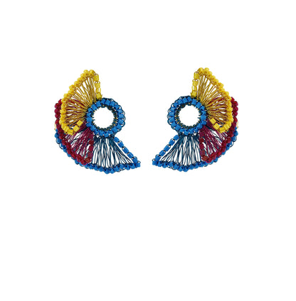 Maxi-Ruffle-Blue-Yellow-Fushcia-Feather-Post-Handmade-Crochet-Earrings-18k-gold-filled-wire-hypoallergenic-lightweight-statement-brazilian-soul-collection