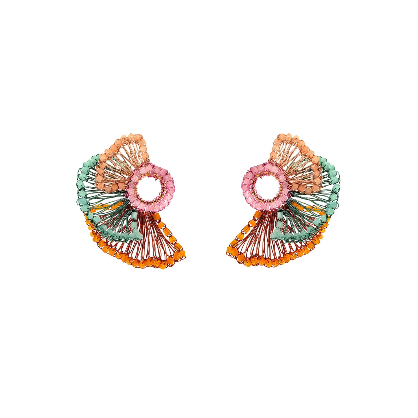 Maxi-Ruffle-Green-Purple-Pink-Orange-Feather-Post-Handmade-Crochet-Earrings-18k-gold-filled-wire-hypoallergenic-lightweight-statement-brazilian-soul-collection