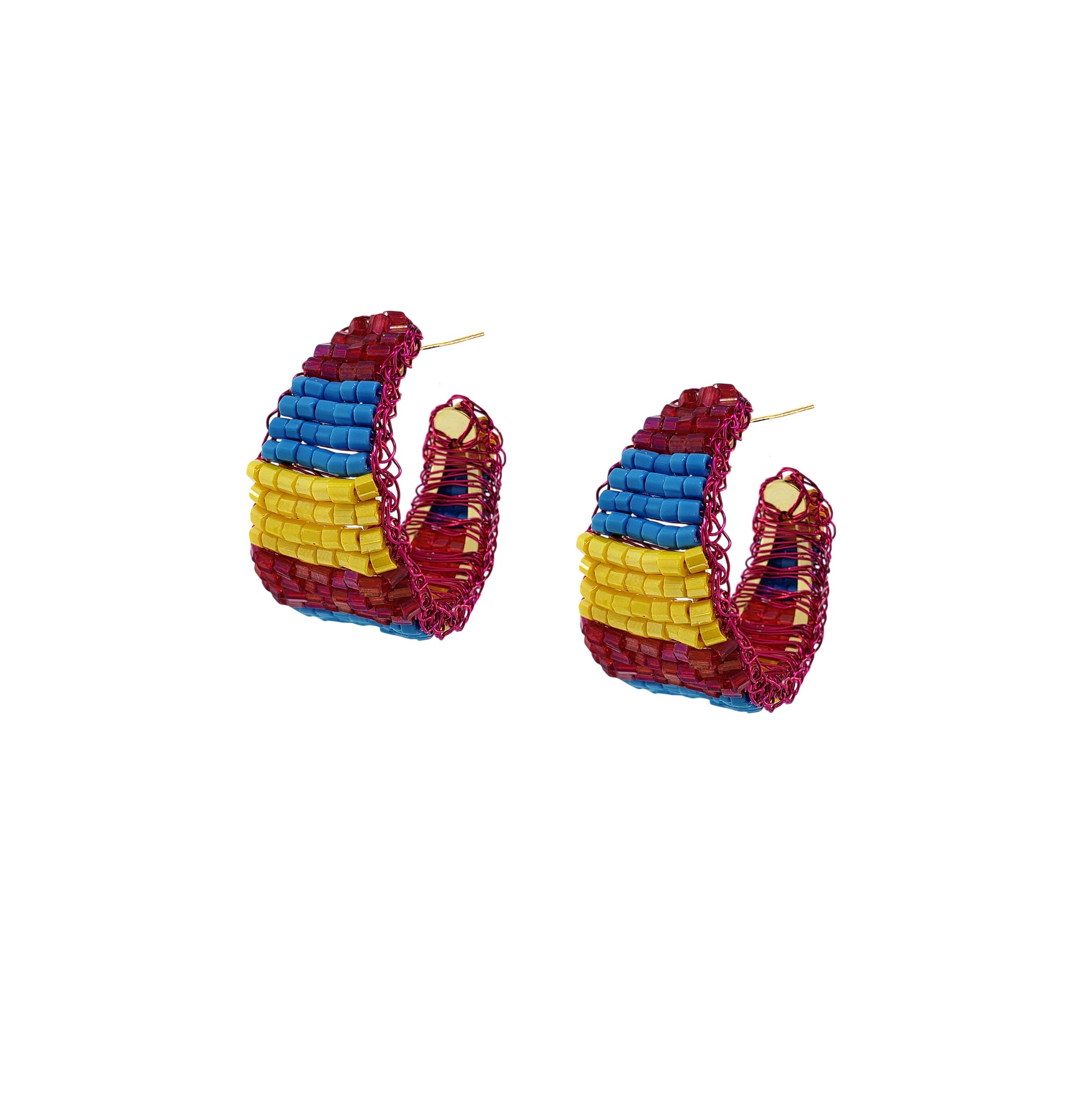 Medium-Blue-Yellow-Fuchsia-Gold-Nyx-Hoop-Handmade-Crochet-Earrings-18k-gold-filled-wire-hypoallergenic-lightweight-statement-brazilian-soul-collection