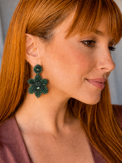 mini floral earrings, hand-crocheted earrings, moss green earrings, green bead earrings, enameled wire earrings, handmade Brazilian earrings, artisan earrings, lightweight dangle earrings, hypoallergenic earrings, nickel free earrings, floral dangle earrings, evening earrings, resort earrings, holiday earrings, handmade jewelry