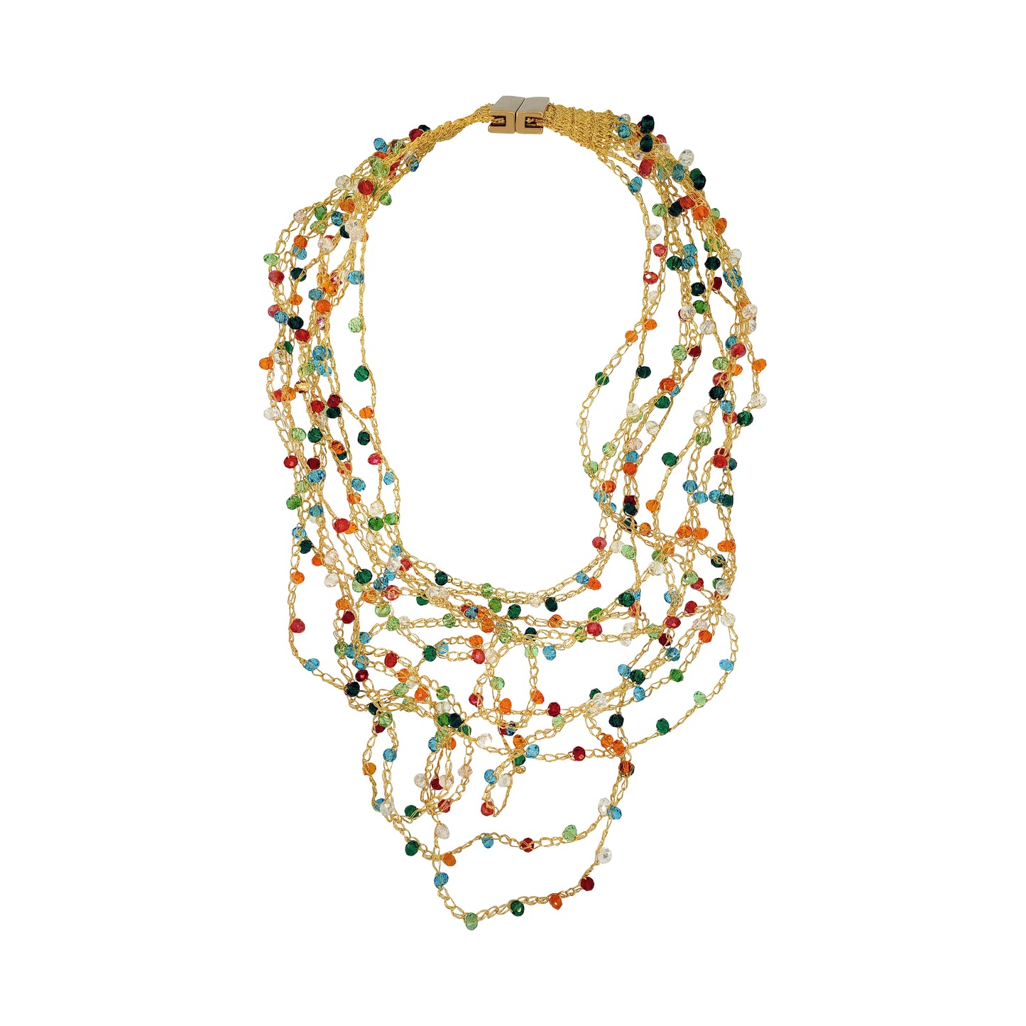 Layered multi-string hand-crocheted necklace handmade in Brazil with 18 karat gold filled wire, vibrant multicolor crystal accents, and a secure magnetic clasp.