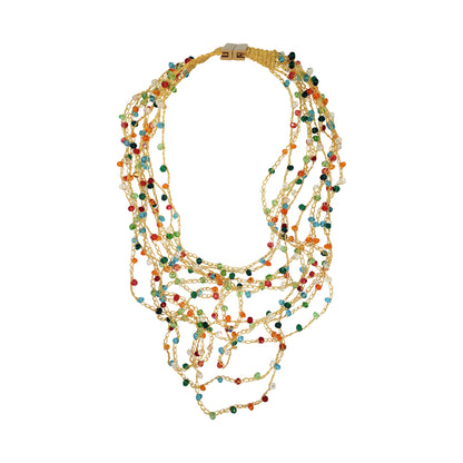 Layered multi-string hand-crocheted necklace handmade in Brazil with 18 karat gold filled wire, vibrant multicolor crystal accents, and a secure magnetic clasp.