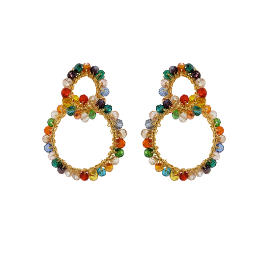 Handmade in Brazil, these hand crocheted earrings feature 18 karat gold filled wire, multicolor crystals, lightweight comfort, and hypoallergenic nickel free materials.