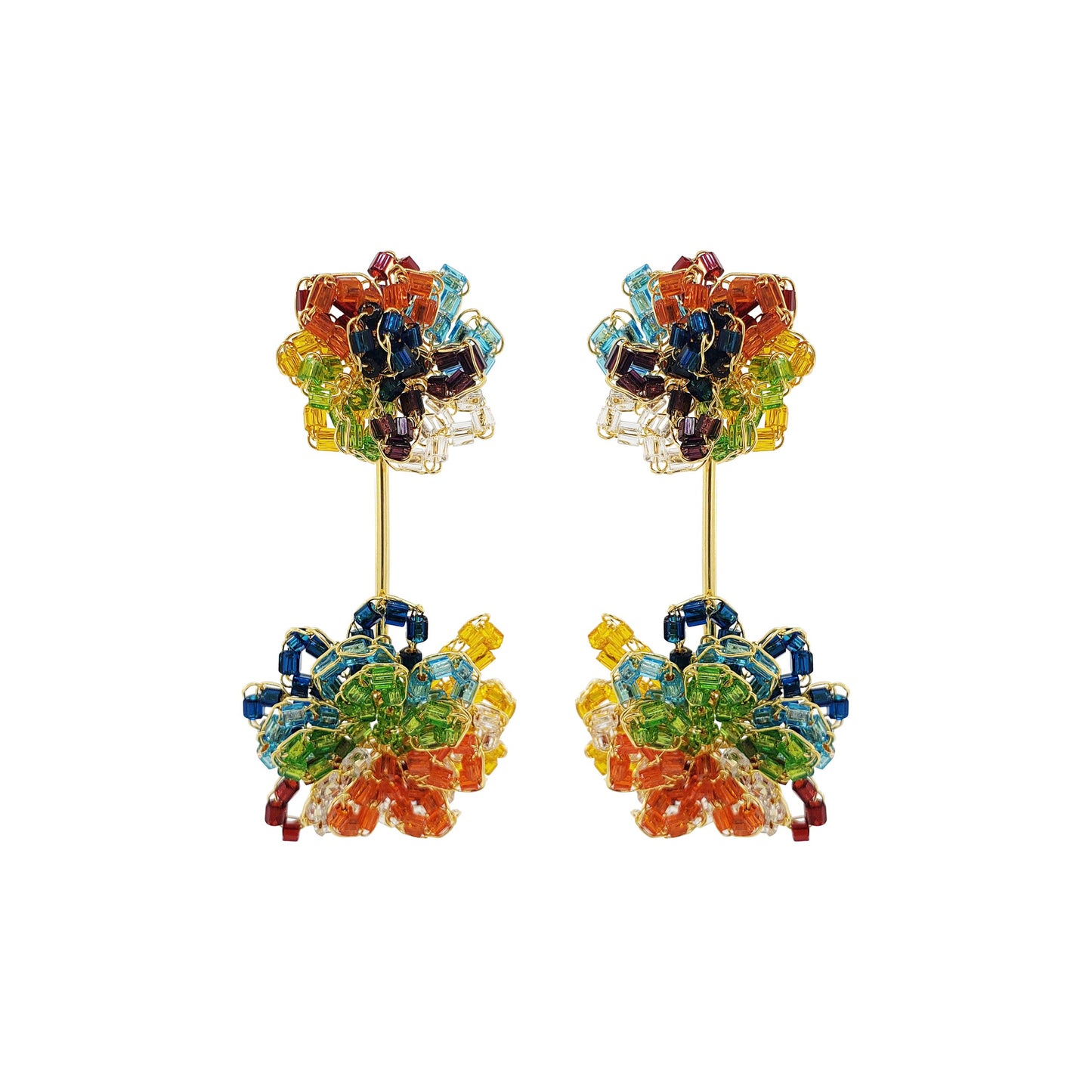 A pair of multicolor and gold hand-crocheted dangle earrings. Drizzle hand-crocheted dangle earrings made with 18 karat gold filled wire, handcrafted in Brazil with hypoallergenic and nickel-free materials.