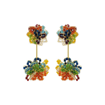 A pair of multicolor and gold hand-crocheted dangle earrings. Drizzle hand-crocheted dangle earrings made with 18 karat gold filled wire, handcrafted in Brazil with hypoallergenic and nickel-free materials.