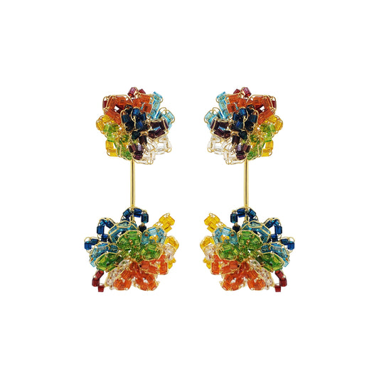 A pair of multicolor and gold hand-crocheted dangle earrings. Drizzle hand-crocheted dangle earrings made with 18 karat gold filled wire, handcrafted in Brazil with hypoallergenic and nickel-free materials.