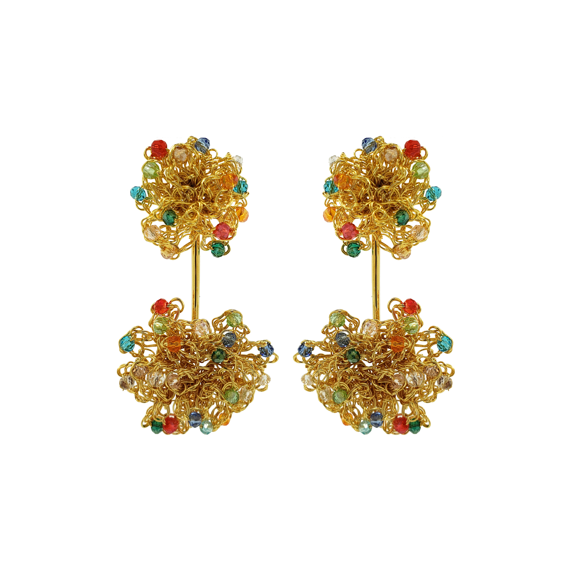 Pair of gold earrings with colorful gemstones on a white background.  Hand-crocheted double mandala earrings made with 18 karat gold filled wire and colorful bead accents.