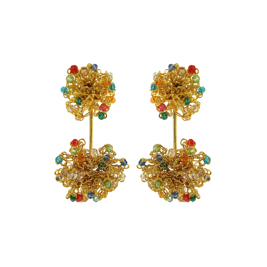 Pair of gold earrings with colorful gemstones on a white background.  Hand-crocheted double mandala earrings made with 18 karat gold filled wire and colorful bead accents.